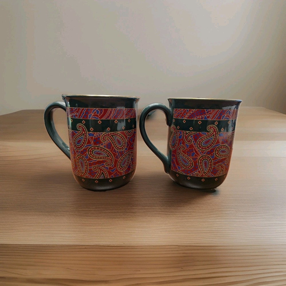 Set Of 2 Otagiri Coffee Mug Tea Cup Green Paisley Design by MaryAnn Baker